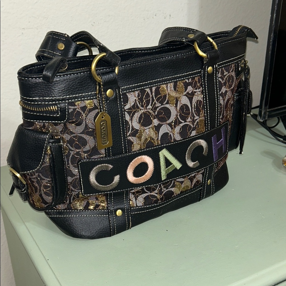 Coach Black Signature Canvas Shoulder Bag with Multicolor COACH Patch